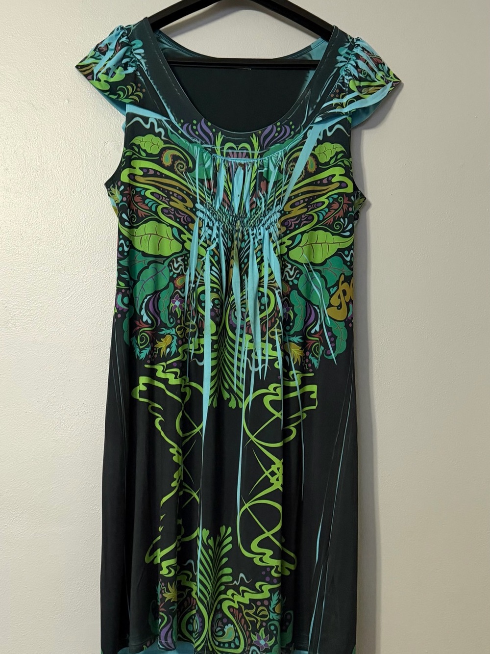 Black Floral-Print Cap-Sleeve Dress with Turquoise & Lime Accents
